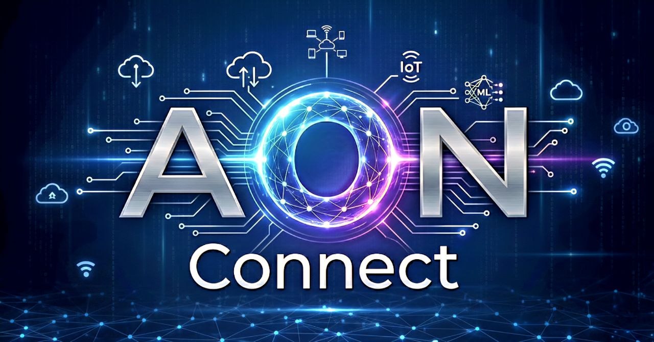 AON Connect — a connected, luminous O between metallic A and N letters